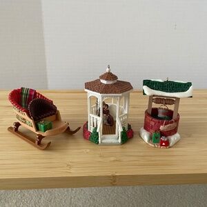 Lot 3 Hallmark Ornaments 1988 Club Sleigh 1990 Wishing Well 1996 Gazebo NO boxes